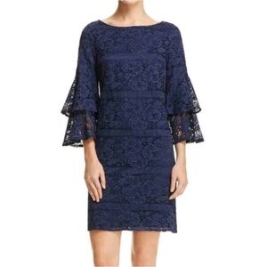 Eliza J Size 2 Navy Blue Lace Overlay Sheath Dress 3/4 Tiered Ruffle Sleeves